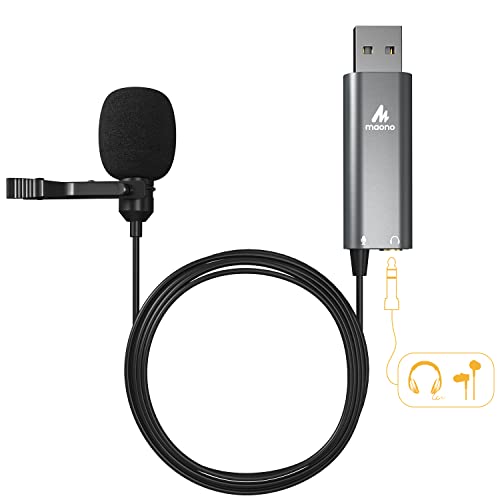 MAONO USB Lavalier Microphone with Headphones Jack, Omnidirectional Computer Lapel Clip Mic for Recording, Gaming, Streaming, Podcasting, YouTube, Skype, PC, Laptop, Mac, AU-UL20