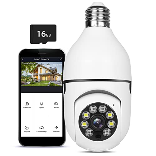 E27 Light Bulb 1080P Security Camera,PTZ 360 Degree Panoramic Wireless Connector with WiFi, Smart Motion Detection and Alarm,Two Way Audio,Remote Viewing with 16GB Memory Card