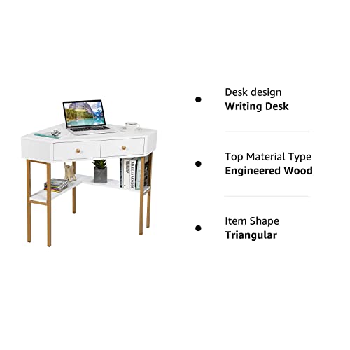 Tangkula White Corner Desk with 2 Drawers, 90 Degrees Triangle Corner Computer Desk for Small Space, Bedroom Makeup Vanity Desk with Storage Shelves & Steel Frame, Space Saving Corner Writing Desk | The Storepaperoomates Retail Market - Fast Affordable Shopping