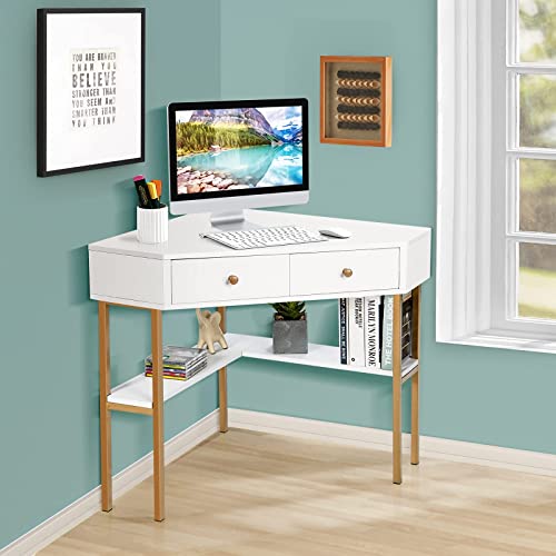 Tangkula White Corner Desk with 2 Drawers, 90 Degrees Triangle Corner Computer Desk for Small Space, Bedroom Makeup Vanity Desk with Storage Shelves & Steel Frame, Space Saving Corner Writing Desk | The Storepaperoomates Retail Market - Fast Affordable Shopping