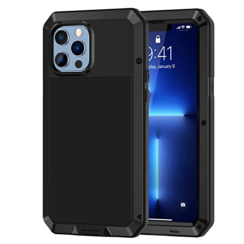 Lanhiem iPhone 13 Pro Max Metal Case, Heavy Duty Shockproof [Tough Armour] Rugged Case with Built-in Glass Screen Protector, 360 Full Body Dust Proof Protective Cover for iPhone 13 Pro Max, Black
