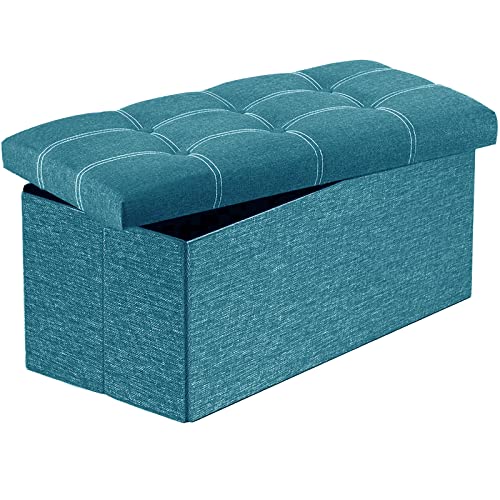 CUYOCA Storage Ottoman Bench Foldable Seat Footrest Shoe Bench End of Bed Storage, 80L Storage Space, 30 inches Linen Fabric Teal