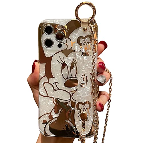 Filaco Cartoon Case for iPhone 13 Pro Max 6.7″, Cute Golden Minnie Sparkle Bling Cover with Metal Chain Strap, Wrist Strap Kickstand Soft TPU Shockproof Protective for Women & Girls