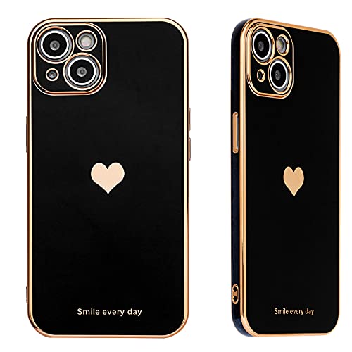 SPOBIT Compatible for iPhone 13 Case, Cute Golden Plating Love Heart Phone Case, Electroplated Soft TPU Shockproof Camera Protective Phone Case for iPhone 13 for Women Girls 6.1 Inch – Black