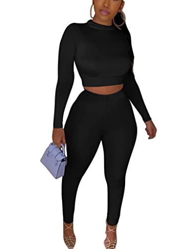Kaximil Women’s Workout Tracksuit 2 Piece Outfits Long Sleeve Crop Top High Waist Legging Pants Set, Medium, Black