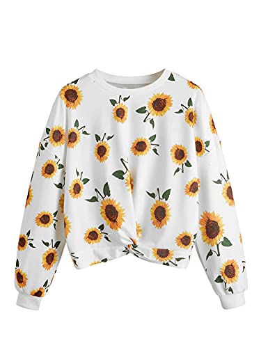 SweatyRocks Women’s Casual Long Sleeve Sunflower Print Twist Front Sweatshirt White M