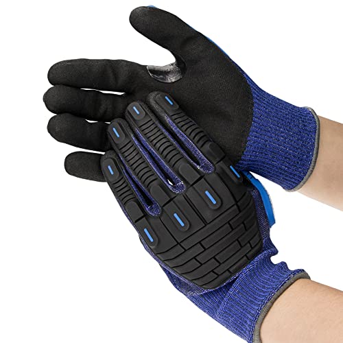 ANDANDA Level 5 Cut Resistant Work Gloves, Impact Resistant Mechanic Gloves with TPR, Nitrile Coated, Power Grip, Industrial Grade Anti Vibration Gloves for Men/Women, Black & Blue/Large/1 pair
