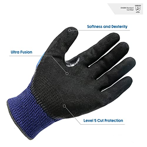 ANDANDA Level 5 Cut Resistant Work Gloves, Impact Resistant Mechanic Gloves with TPR, Nitrile Coated, Power Grip, Industrial Grade Anti Vibration Gloves for Men/Women, Black & Blue/Large/1 pair | The Storepaperoomates Retail Market - Fast Affordable Shopping