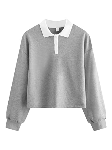 Verdusa Women’s Button Front Polo Collar Drop Shoulder Pullover Top Sweatshirt Heather Grey XL