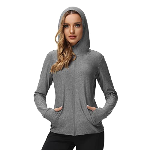 Women’s UPF 50+ Sun Protection Jacket Hooded Cooling Shirt with Pockets Hiking Outdoor Performance(Gray 2XL)