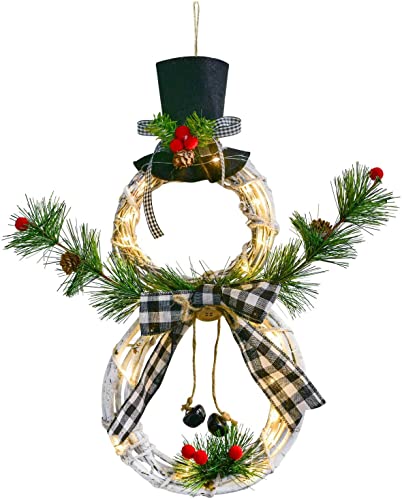 DearHouse Lighted Christmas Wreath Decoration, 16 x 8 Inch Grapevine Wreath with Hat and Bow Snowman Shape Wreath for Front Door Home Garden Wall Decor