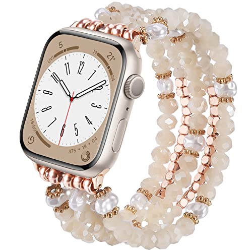 V-MORO Beaded Bracelet Compatible with 41mm/40mm Series 8/7/6 Apple Watch Bands Natural Pearl Beads Fashion Handmade Elastic Stretch Strap for iWatch Series SE/SE 2nd/5/4/3/2/1(38/40/41mm,Cream)for 5.5″-6.1″wrist