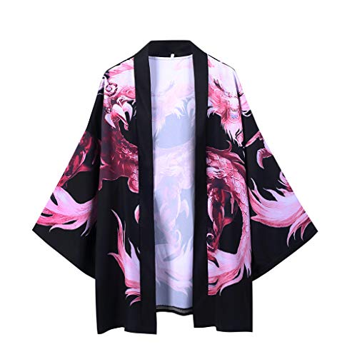 XXBR Japanese Kimono Cardigan , Loose Open Front 3/4 Sleeve Lightweight Ukiyoe Dragon Print Jacket Casual Cloak Fleece Hooded Jumpers Windbreaker, 119- Pink, X-Large (PDFME-210925)