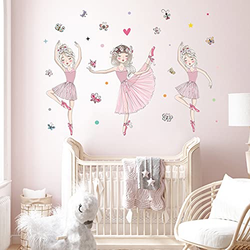 3 Pink Ballerina Baby Girls Wall Stickers, ULENDIS Removable Lovely Ballet Girls with Butterfly Wall Decals, Little Princess Wall Art Decor for Girls Bedroom Living Room Dance Room