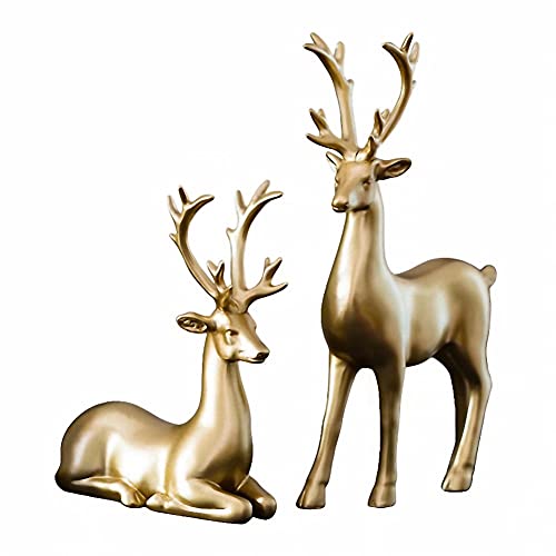 Luganiso Standing and Sitting Reindeer Resin Sculpture 2pcs Lucky Deer Statue Figurines for Living Room, Bedroom, Office Desktop Decor (Gold), 6.5 x 2.4 x 11.4 Inch