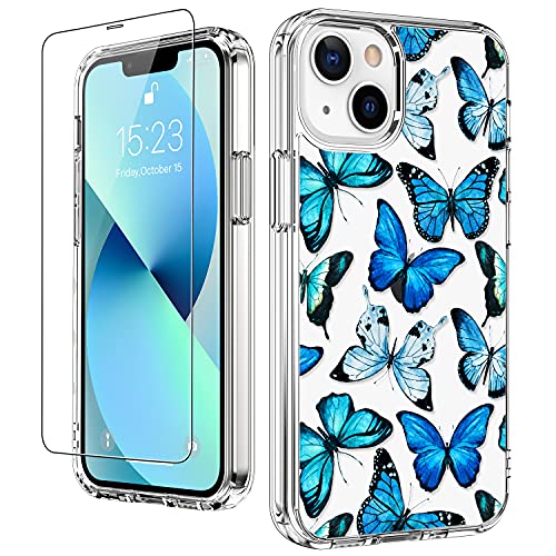 LUHOURI iPhone 13 Case with Screen Protector, Clear Fashion Designs Protective Phone Cover for Women Girls, Slim Fit Durable Phone Case for iPhone 13 6.1″ Blue Butterflies Flower