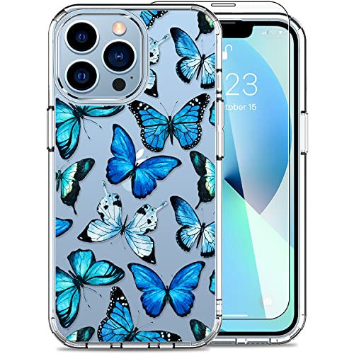 LUHOURI iPhone 13 Pro Case with Screen Protector, Clear Fashion Designs Protective Phone Cover for Women Girls, Slim Durable Phone Case for iPhone 13 Pro 6.1″ Blue Butterflies Flower