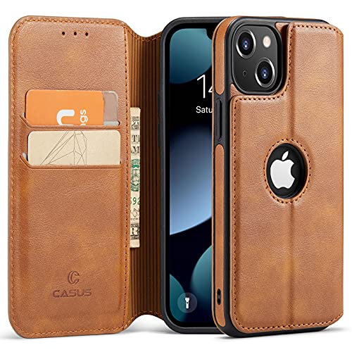 Casus Logo View Compatible with iPhone 13 Wallet Case Slim Magnetic Flip Cover Faux Leather with Card Holder Slot Thin Kickstand (2021) 6.1″ (Brown)