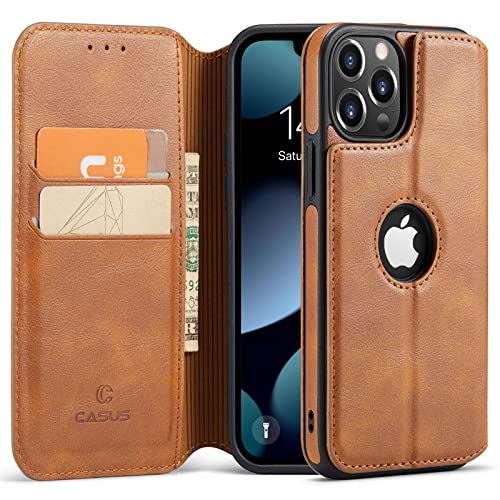 Casus Logo View Compatible with iPhone 13 Pro Max Wallet Case Slim Magnetic Flip Cover Faux Leather with Card Holder Slot Thin Kickstand (2021) 6.7″ (Brown)