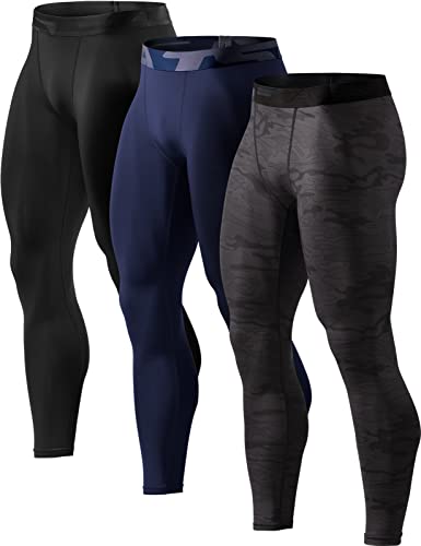 TSLA Men’s Compression Pants, Cool Dry Athletic Workout Running Tights Leggings with Pocket/Non-Pocket, 3pack Cool Dry Pants Black/Navy/Urban Camo Black, Medium