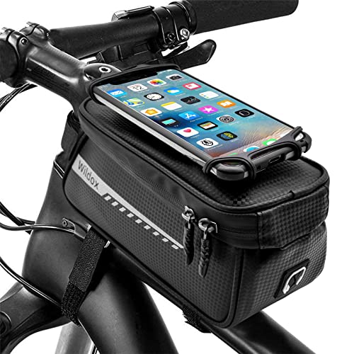 Wildox Bike Phone Mount Bag, Waterproof Bike Front Frame Bag for Phone Within 6.9”, Bike Phone Mount Handlebar Bag with 3 Velcro Straps