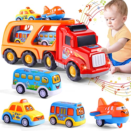 Bennol Carrier Toddler Trucks Vehicles Toys – 5 in 1 Car Toys for 1 2 3 4 5 Year Old Boys Toddlers, Cute Cartoon Kids Toy Cars Friction Power Set, Push and Go Play Cars and Trucks