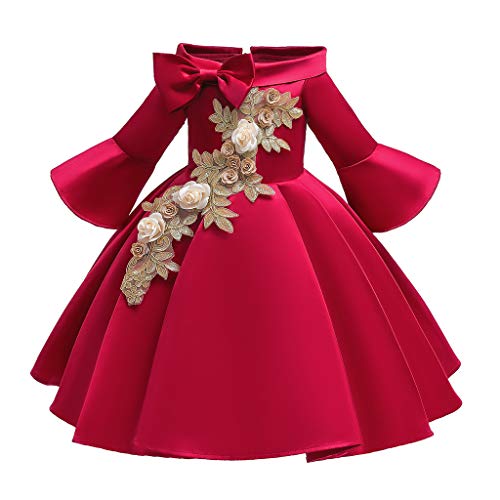 Floral Kids Girls Bow Dress Princess Bridesmaid Pageant Gown Birthday Party Wedding Dress 2-10 Years (Red, 9-10 Years)
