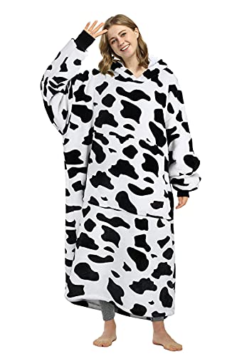 Catalonia Cow Print Full Body Blanket Hoodie Sweatshirt, Extra Long Oversized Comfortable Sherpa Lounging Pullover for Adults, Gift for Her