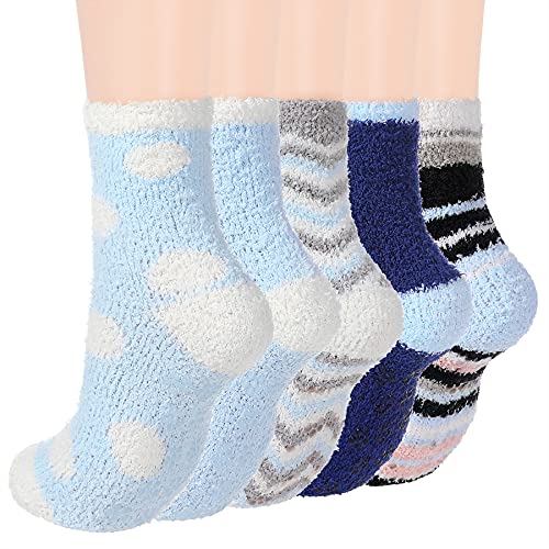 Zando Anti Slip Athletic Plush Fuzzy Grip Socks Women Yoga Pilates Socks with Grips Soft Warm Cozy Socks Hospital Socks with Grippers for Women Plush Fluffy Socks E 5/Light Blue