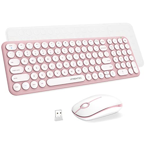 Wireless Keyboard and Mouse Combo, XTREMTEC Cute Keyboard Pink Retro Round Keycap, Ultra Thin Quiet 2.4GHz Retro Kawaii Keyboard for Mac/PC/Laptop (Sakura Pink)