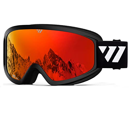 WISTON Ski Goggles – OTG Snow/Snowboard Goggles for Men, Women & Youth – 100% UV Protection (Black Frame/Red Lens)