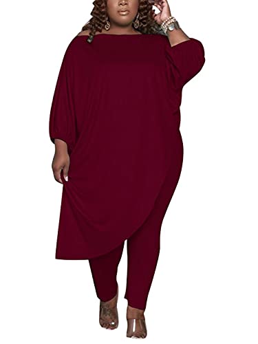 KOOBETON Women Plus Size Casual 2 Piece Outfit Plain Irregular Loose Pullover Tops Bodycon Long Pant Set Sweatsuits Tracksuits Loungewear Wine Red 3XL