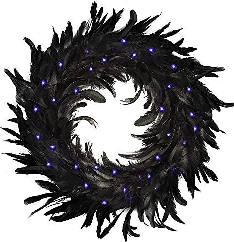 Totruning Halloween Wreath,Pre-Lit Black Natural Feather Wreath,16″ Lighted Wreath with 40 LED Purple Lights,for Front Door Wall Holiday Horror Theme Spooky Scene Party Halloween Decorations (Black)