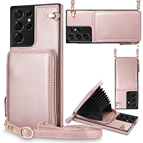 JAKPDE for Samsung Galaxy S21 Ultra 5G Case Wallet Zipper Leather Case with Card Holder Slots Protective Cover with Lanyard Case Compatible with Samsung Galaxy S21 Ultra 5G 6.8 inch Rose Gold