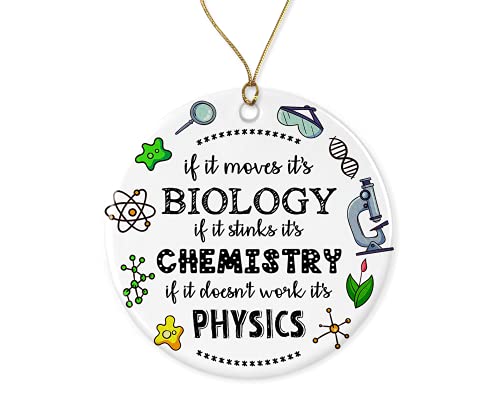 KrysDesigns Biology Chemistry Physics Christmas Ornament – Funny Science Ornament – Gift Ceramic Holiday Decoration Present Porcelain 3” Flat with Gold Ribbon Both Sides, White