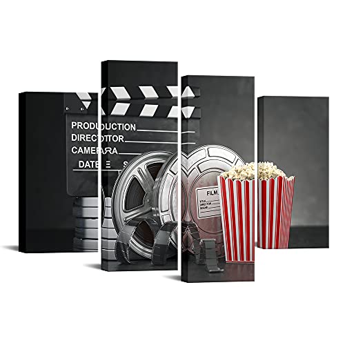 iLOOKLiKE 4 Panels Black and White Movie Theater Decor Canvas Wall Art Filmmaking Clapper Board Film Reels Popcorn Painting Prints Vintage Home Movie Media Room Decorative Artwork