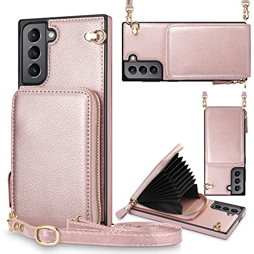 JAKPDE for Samsung Galaxy S21 5G Case Wallet Zipper Leather Case with Card Holder Slots Protective Galaxy S21 5G Case Cover with Lanyard Case Compatible with Samsung Galaxy S21 5G 6.2 inch Rose Gold