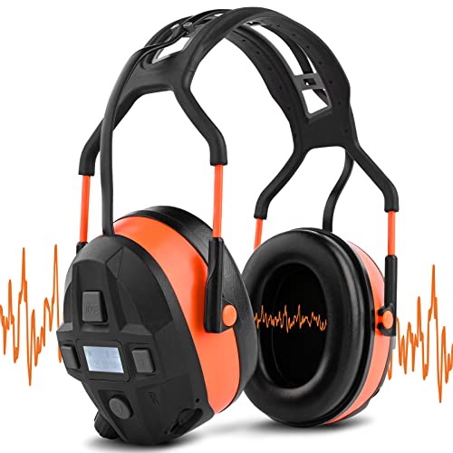 SURGEDO Bluetooth Hearing Protection Headphones, FM Radio Headphones with 29dB NRR Wireless Noise Cancelling Reduction, 4GB Memory Card Built-in Mic, Safety Ear Muffs for Lawn Mowing Work, Orange