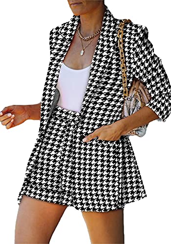 Women’s 2 Piece Plaid Suits Set Open Front Long Sleeve Blazer and Shorts Business Suit Set
