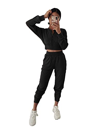 FOCUSNORM Women Jogger Outfit Matching Sweat Suits Long Sleeve Hooded Sweatshirt and Sweatpants 2 Piece Sports Sets (Black1, M)