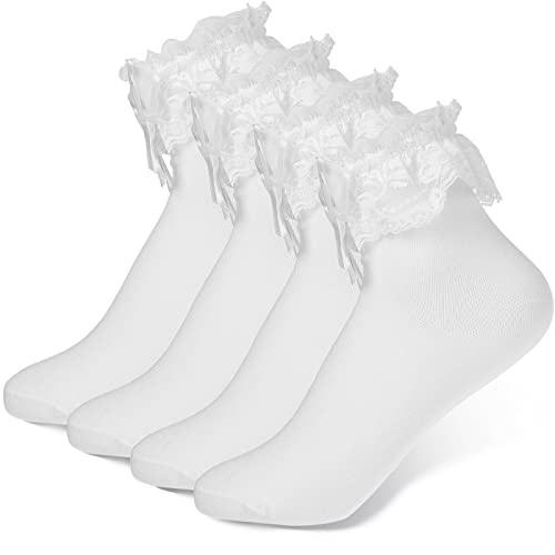 SATINIOR 4 Pairs Women Lace Ankle Socks Ruffle Frilly Socks ruffled lace Dress Socks Cute Trim Lace Princess Socks for Women Girls (White)