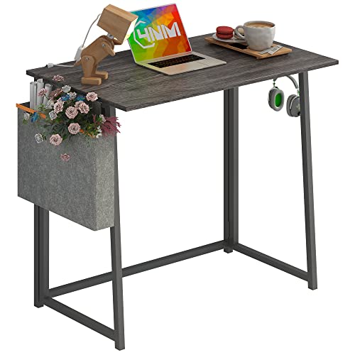 4NM 31.5″ Small Desk with Storage Bag and Hook, Simple Assembly Folding Computer Desk Home Office Desk Study Writing Table for Small Space Offices – Gray and Black