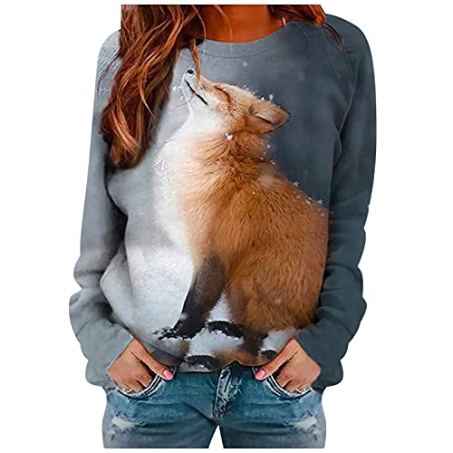 Novelty Funny 3D Graphic Cats Long Sleeve Sweatshirt Womens Cute Cow and Crafty Fox Print Shirt Casual Crewneck Blouse Brown