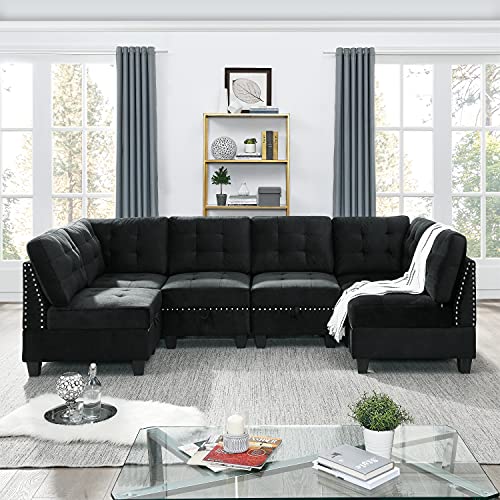 Melpomene U Shape Sectional Sofa DIY Sofa Combination，Includes Four Single Chair and Two Corner (Black, Velvet+Four Single Chair)