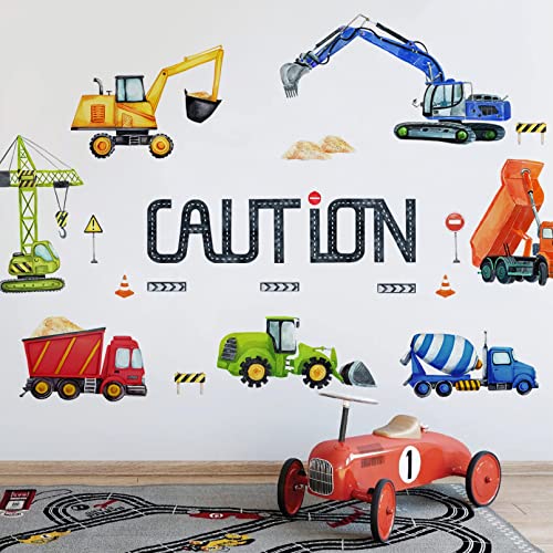 Mfault Baby Boys Construction Caution Vehicle Wall Decals Stickers, Large Trucks Tractor Excavator City Nursery Playroom Decorations Kids Room Art, Classroom Bedroom Home Decor Birthday Gift