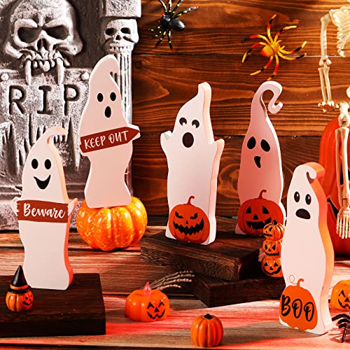 5 Pcs Halloween Cute Ghost Decor Halloween Tiered Tray Decor Table Wooden Signs Halloween Fall Table Centerpieces Rustic Farmhouse Ghost Sign for Halloween Fall Party Home Kitchen (Likable Style)