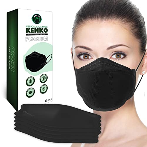 Kenko Medical Fashionable Face Mask 4 Layers Disposable Safety Breathable Black Dust Mask Elastic Ear Loops 4D Protection Mask for Women & Children (Black,20)