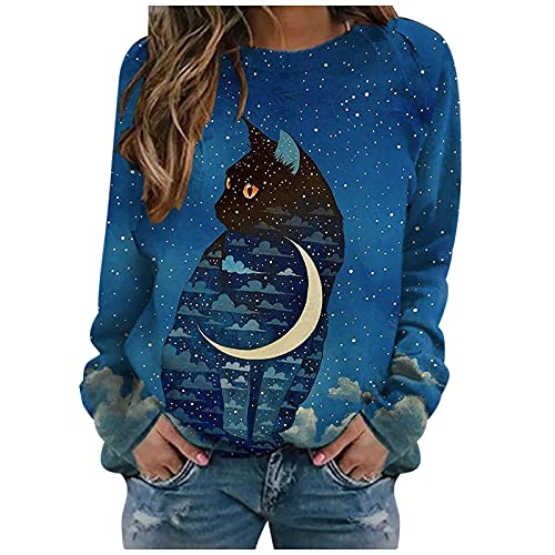 Women’s 3D Sweatshirt Cute Cat with Coffee Graphic Pullover Tops Long Sleeve Shirts Tshirts Blouse for Cat Lovers