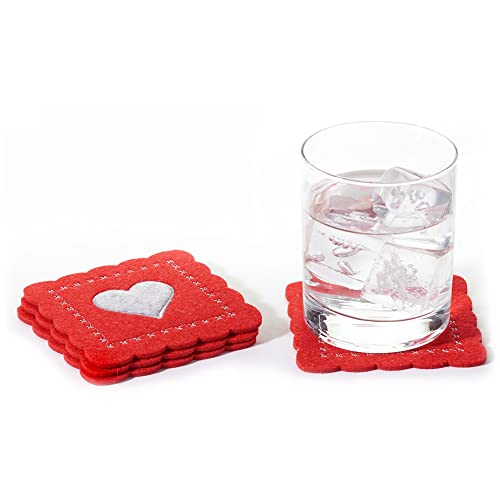 Giftcraft Valentines Themed Red Square Engraved Heart Shaped Coasters – Coffee Cup and Drink Coaster – 4 Pack Table Coaster Set Felt Coasters for Cold or Hot Drinks