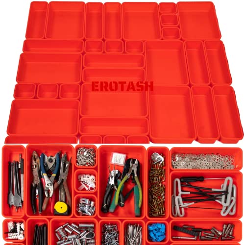 EROTASH 32 Pack Toolbox Drawer Organizer Tray Set for Rolling Tool Box, Cabinet, Cart, Chest | Organizers & Storage Plastic Dividers Hardware, Parts, Screws, Nuts, Small Tools Interlocking Bins, Red